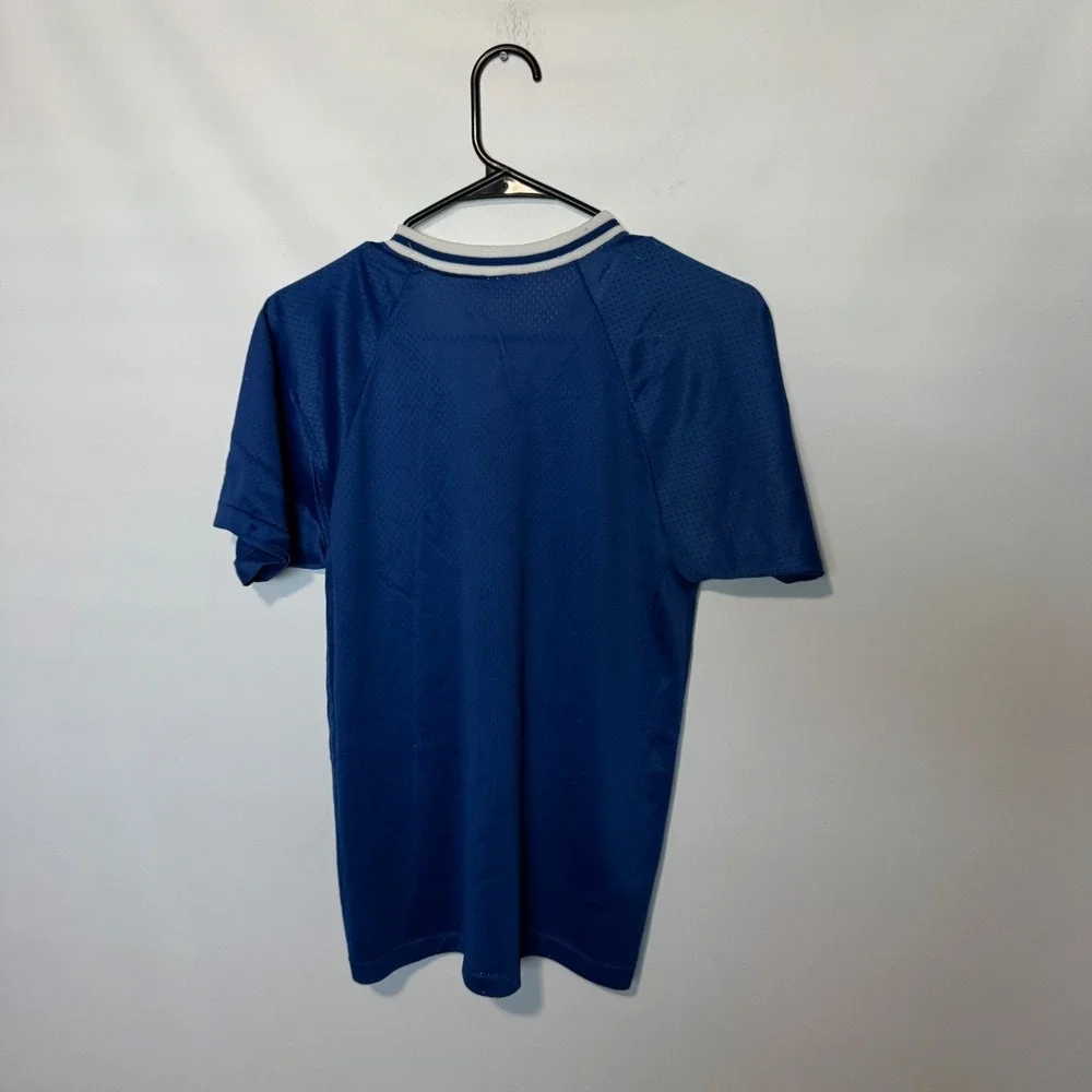Vintage Champion Soccer Jersey Mens Small Blue V Neck Nylon Made USA 90s Blank
